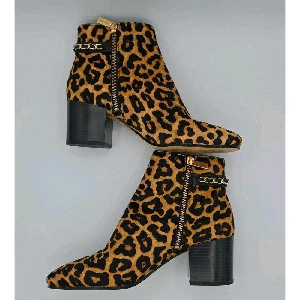 Michael Kors Elsa leopard print calf hair ankle boot gilded chain Size 8.5 EUC